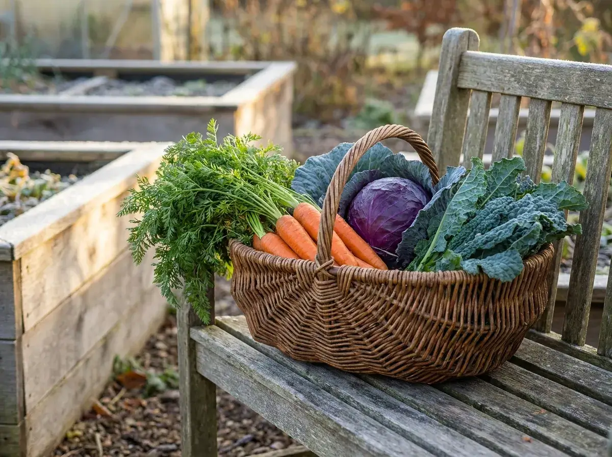A woven basket filled with freshly harvested winter vegetables like carrots, kale, and cabbage sitting on a wooden bench in a frosty autumn garden.