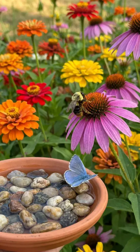 Close-up of a bumblebee on a purple coneflower in a colorful, small pollinator garden for children.