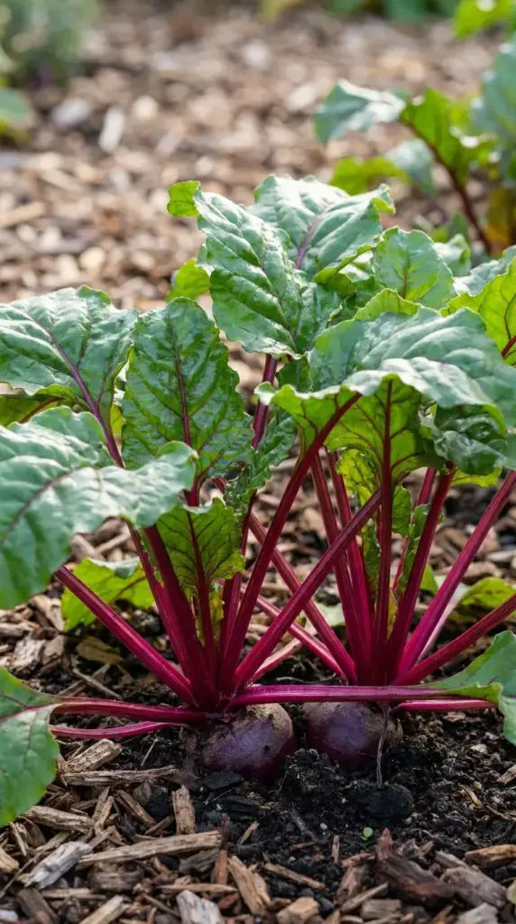 Glossy green beet leaves with bright magenta stems growing out of a mulched garden bed in the soft autumn sunlight.