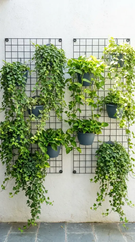 DIY vertical garden living wall on an outdoor patio grid to save space.