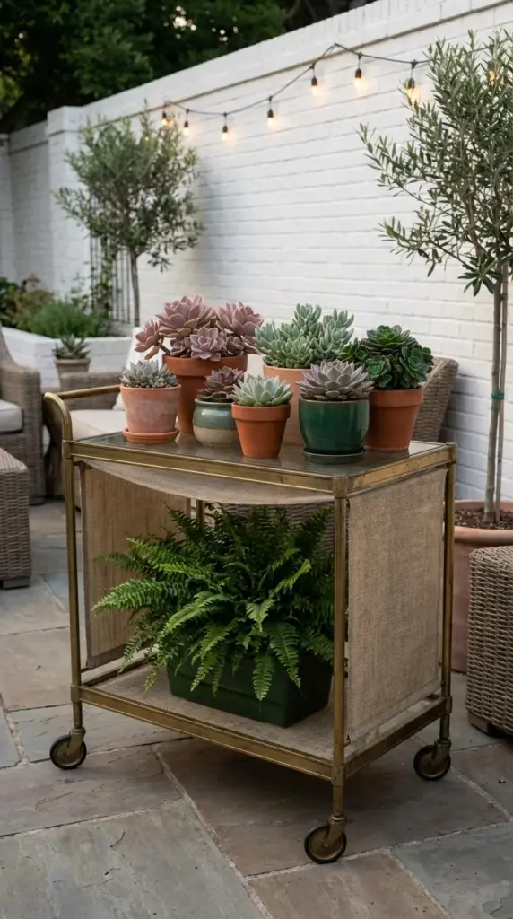 Repurposed vintage bar cart used as a mobile plant stand for an apartment patio.