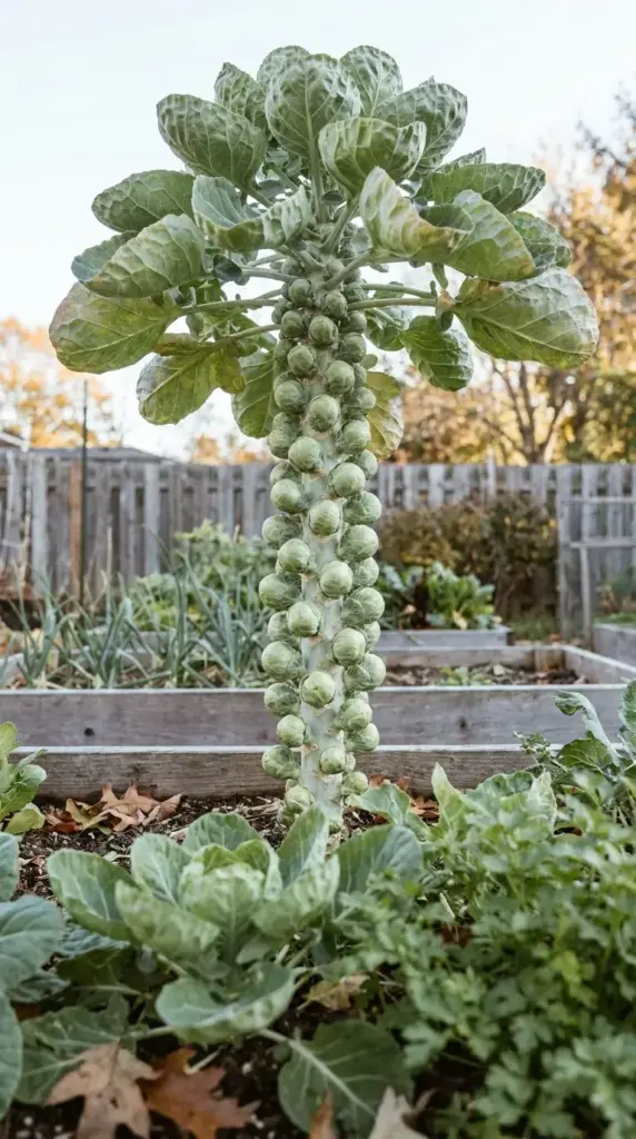 A tall Brussels sprout plant with a thick stalk covered in small green sprouts growing in a backyard raised bed.