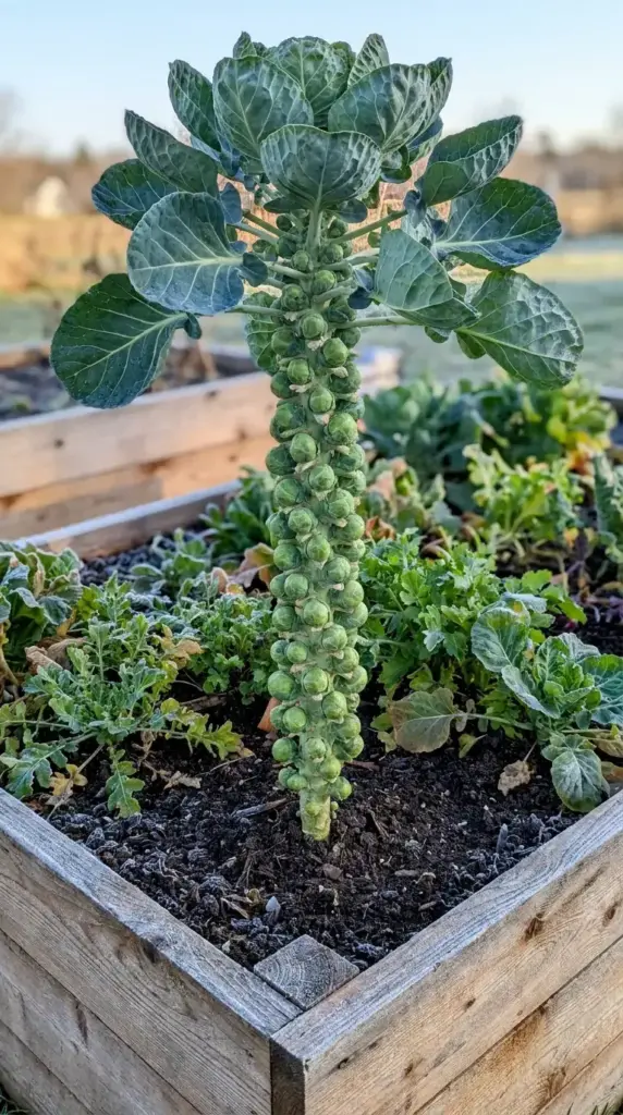 A tall Brussels sprout stalk heavily laden with green sprouts growing in a wooden raised bed during the late autumn season.
