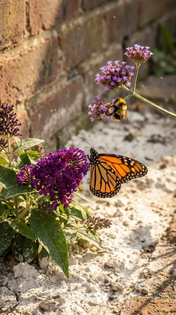 10 Small Garden Ideas for Chalky Soil That Thrive Because of Chalk—Not Despite It 3 Monarch butterfly and bumblebee feeding on purple verbena and buddleja flowers in a tiny urban pollinator garden.
