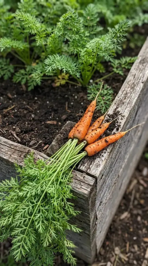 A bundle of freshly pulled orange carrots with bright green tops resting on the wooden edge of a garden bed.