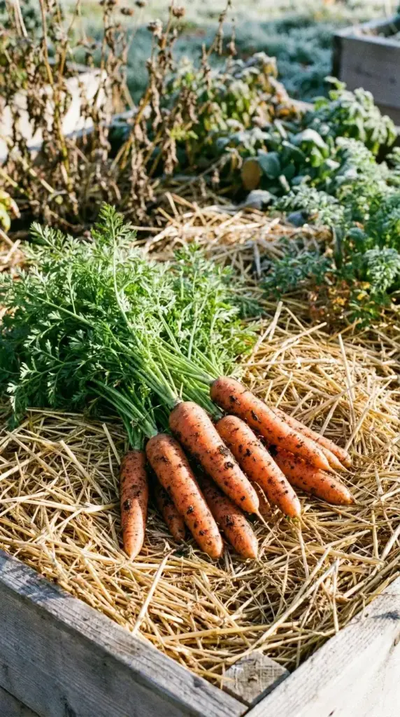 Freshly harvested bright orange winter carrots with green tops lying on a bed of golden straw mulch in a raised garden bed.