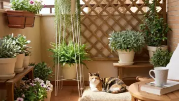 A calico cat relaxing peacefully in a cat-friendly small balcony garden with elevated modern planters and lush green trailing vines.