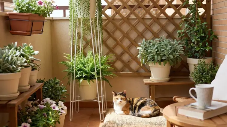 A calico cat relaxing peacefully in a cat-friendly small balcony garden with elevated modern planters and lush green trailing vines.