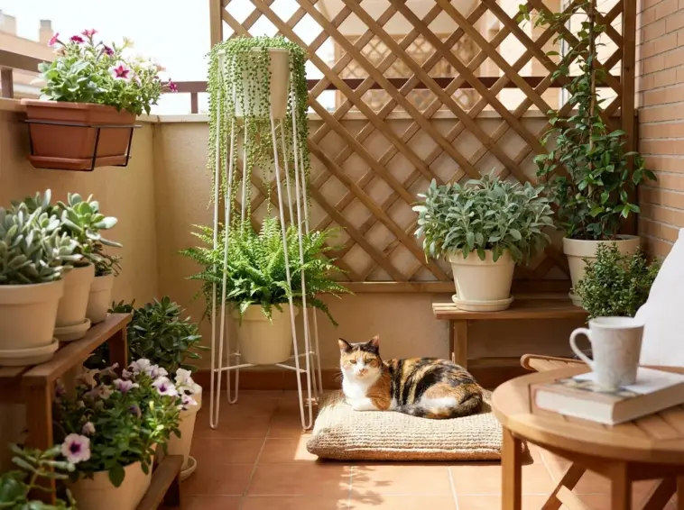 A calico cat relaxing peacefully in a cat-friendly small balcony garden with elevated modern planters and lush green trailing vines.