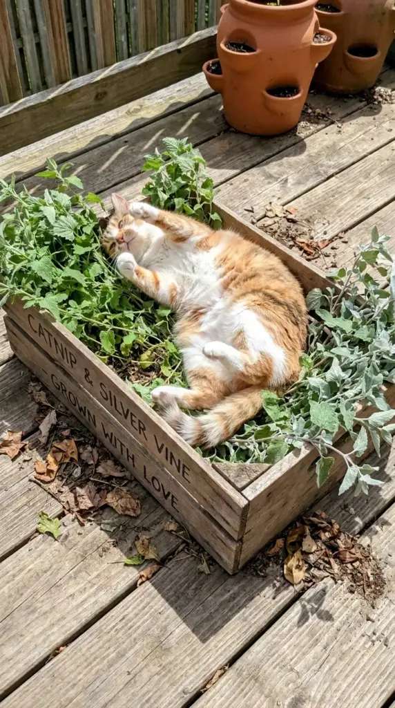 A joyful cat rolling in a sturdy wooden planter filled with fresh catnip in a dedicated pet sensory garden.