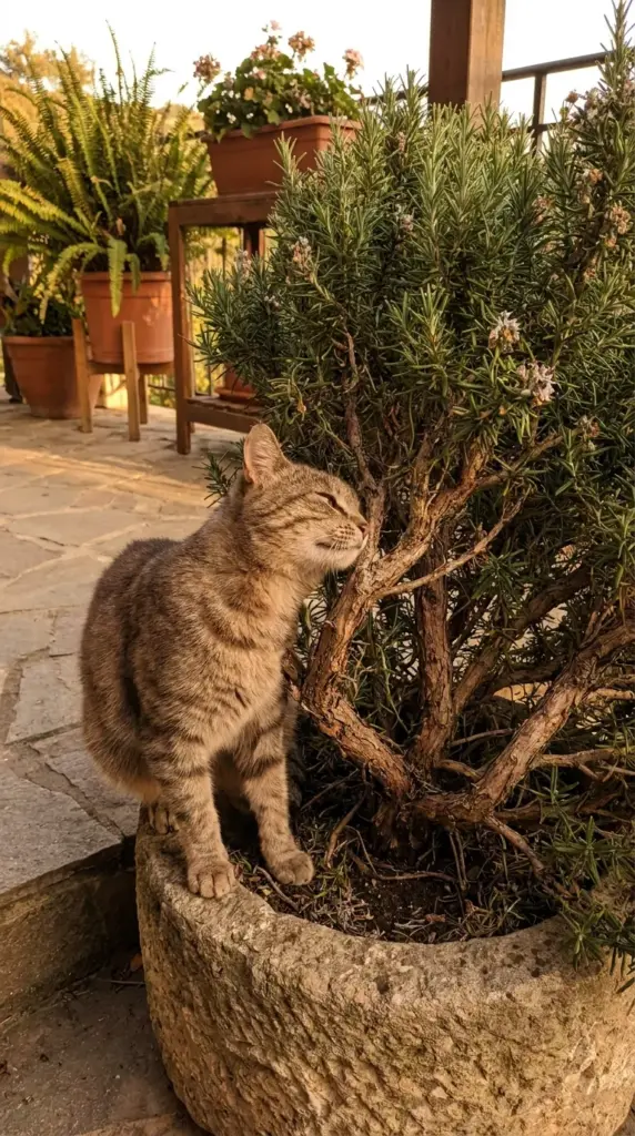 A cat safely rubbing against a tough, woody rosemary bush used as a sturdy anchor plant in a pet friendly garden.