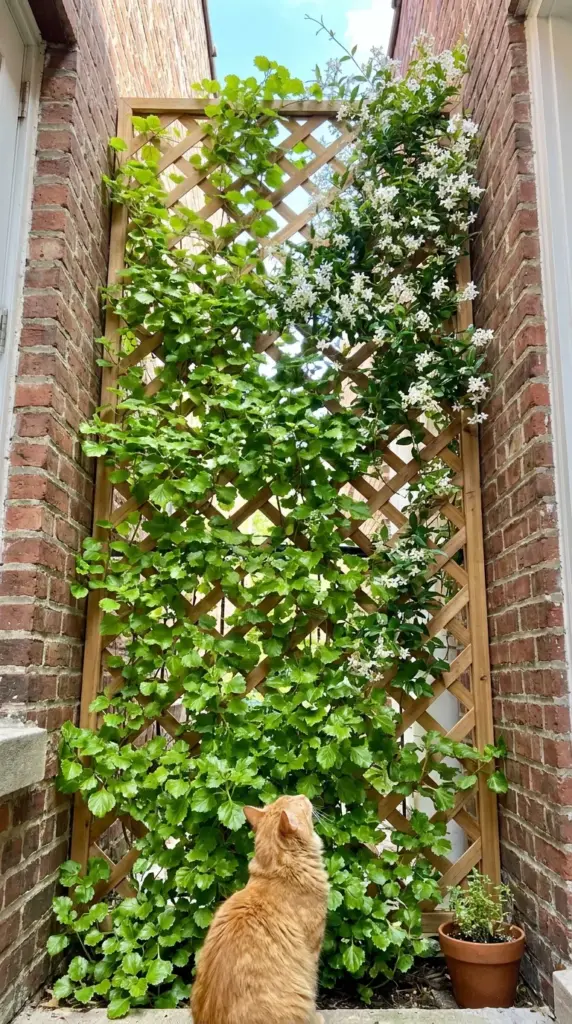 A space-saving vertical garden trellis covered in cat-safe climbing vines on a small brick balcony wall.
