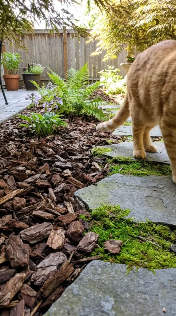 A cat friendly garden layout using rough mulch to deter cats and smooth stepping stones to guide their path.
