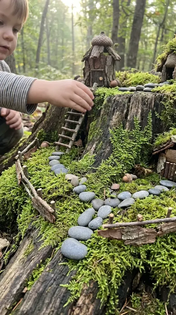 Natural, rugged fairy garden built with real moss and twigs on an old tree stump.
