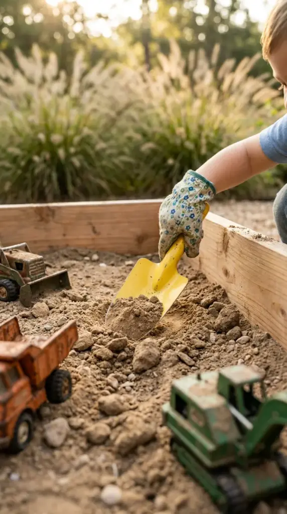 Close-up of a child's hand using a trowel inside a designated messy digging patch box in a small garden.