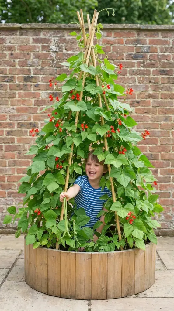 A child peeks out from a living teepee structure covered in Scarlet Runner beans on a patio.