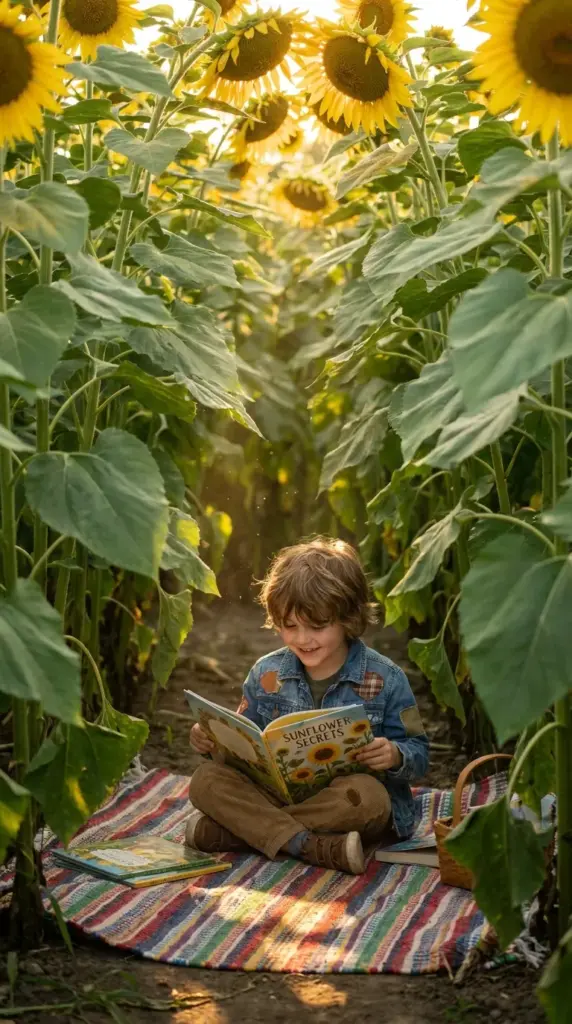 A child reads inside a cozy living fort made of towering Mammoth Sunflowers in a small backyard.