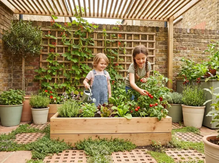 Happy children actively gardening in a compact, optimized backyard patio with a kid-height raised bed and vertical trellis.