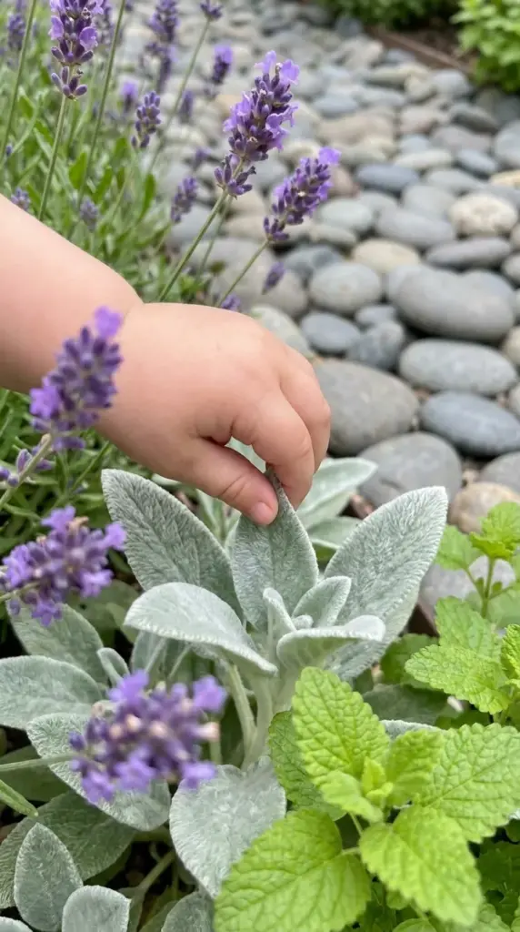 Macro shot of a child's fingers touching a fuzzy Lamb's Ear leaf in a sensory garden border.