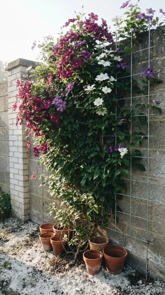 10 Small Garden Ideas for Chalky Soil That Thrive Because of Chalk—Not Despite It 3 Vibrant purple clematis vines climbing a modern steel wire trellis on a brick wall in a small urban garden.