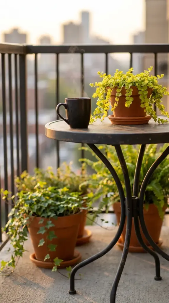 Small balcony garden setup featuring a black bistro table and cozy potted plants.