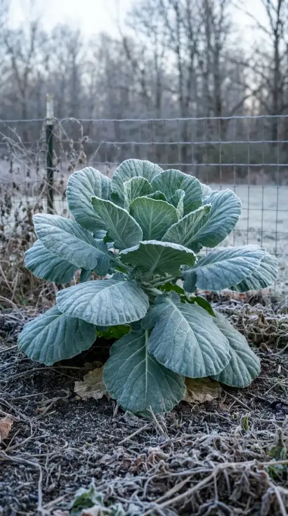Large blue-green collard leaves heavily coated in white morning frost surviving in a late-season vegetable garden.