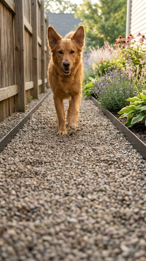10 Small Garden Ideas for Dogs That Don’t Start With “Dog-Proof Plants” 3 A dedicated pea gravel dog patrol path running alongside a wooden fence in a small backyard.