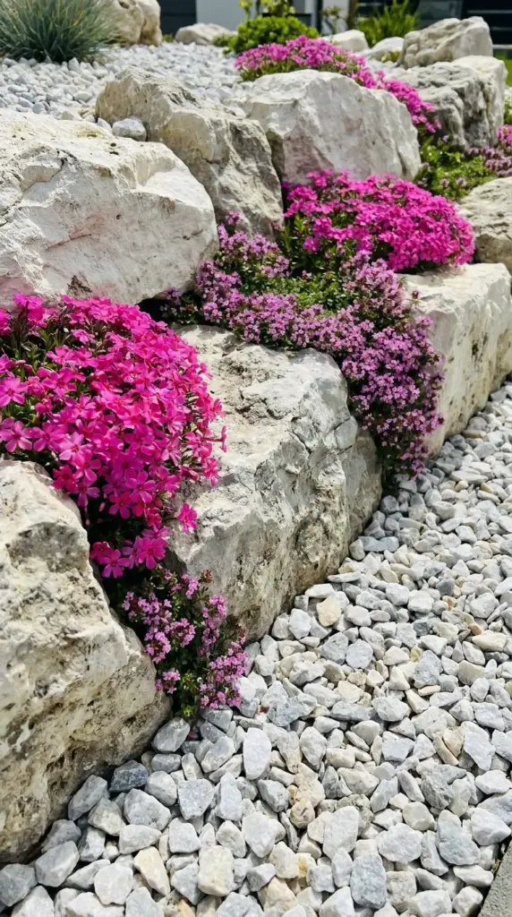 Minimalist rockery garden featuring pale limestone chunks and bright pink alpine flowers growing directly over the stones.