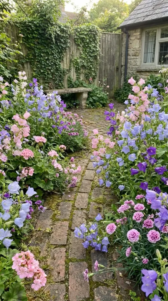 Lush cottage garden mashup with dense pink and blue perennial flowers spilling beautifully over a weathered brick pathway.