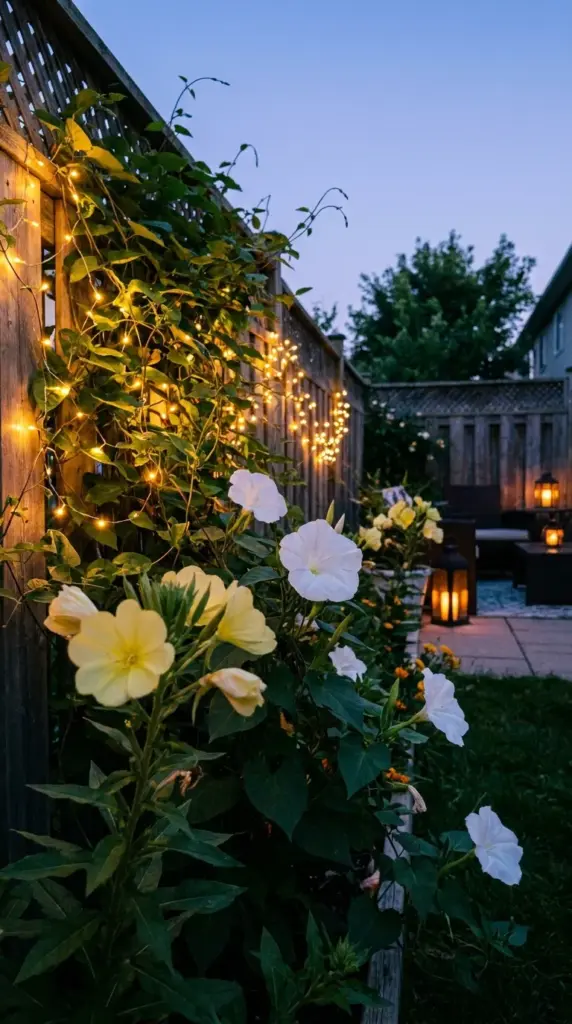 Night-blooming garden with twinkling lights and open Moonflowers at dusk for a calming bedtime routine.
