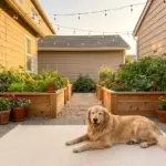 Beautiful small dog friendly garden layout featuring a golden retriever relaxing on a pea gravel path next to raised planter boxes.