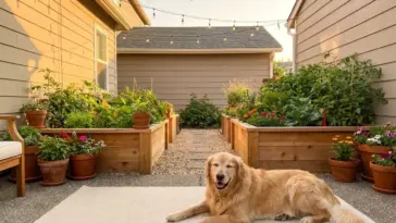 Beautiful small dog friendly garden layout featuring a golden retriever relaxing on a pea gravel path next to raised planter boxes.