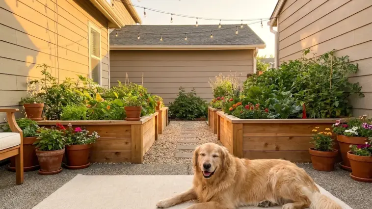 Beautiful small dog friendly garden layout featuring a golden retriever relaxing on a pea gravel path next to raised planter boxes.