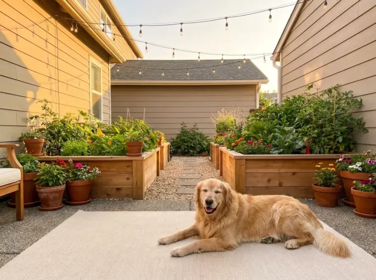 Beautiful small dog friendly garden layout featuring a golden retriever relaxing on a pea gravel path next to raised planter boxes.