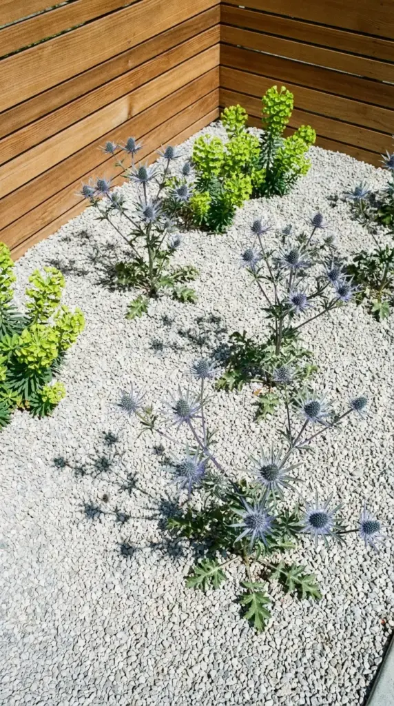 10 Small Garden Ideas for Chalky Soil That Thrive Because of Chalk—Not Despite It 3 Drought tolerant gravel garden design featuring structural sea hollies and euphorbias planted in light colored stone.