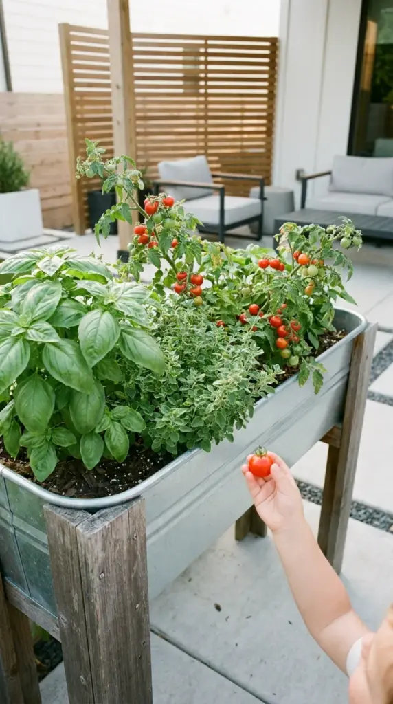 Kid-friendly pizza garden container with basil, tomatoes, and oregano in a galvanized steel planter.