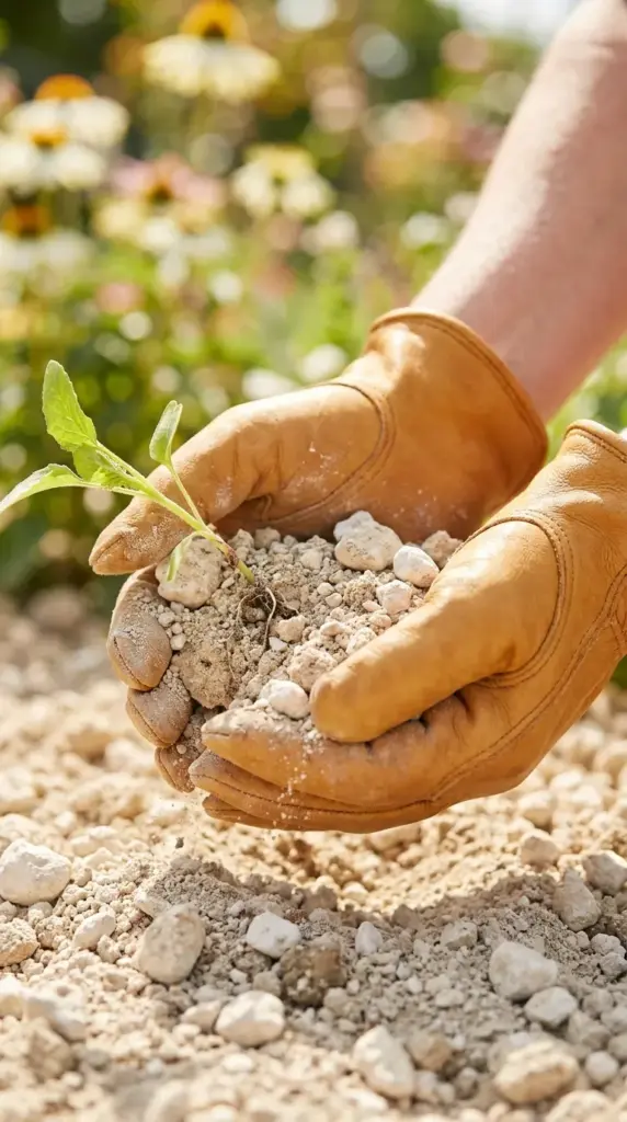 Close up of a gardener's hands holding pale, fast draining chalky soil with small white stones and a healthy green plant.