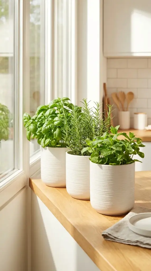 Indoor culinary herb garden growing in modern white window box planters.