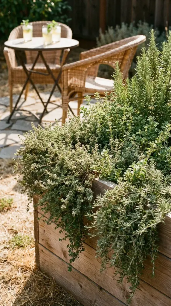 10 Small Garden Ideas for Chalky Soil That Thrive Because of Chalk—Not Despite It 3 Aromatic herb garden with creeping thyme and rosemary spilling out of a raised wooden planter next to a patio seating area.