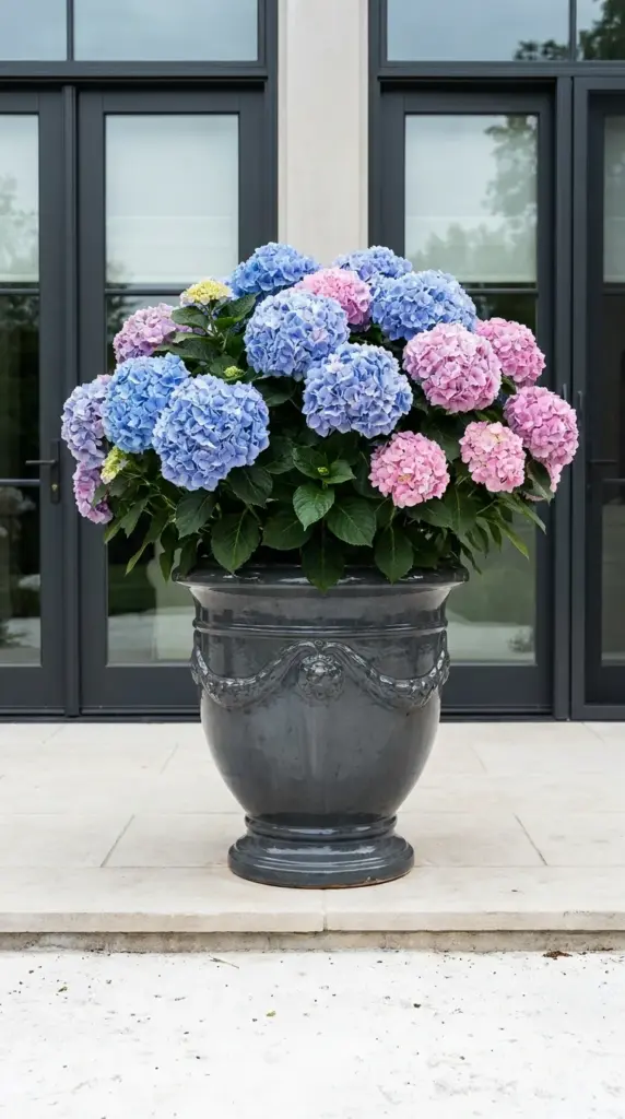 Large decorative container holding bright blue hydrangeas on a pale patio, keeping acid loving plants safe from chalky soil.