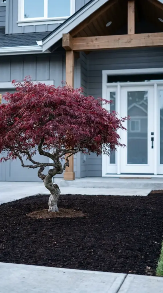 A single specimen Japanese maple tree used as a stunning focal point in small front yard design.