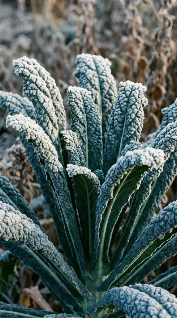 Dark blue-green Lacinato kale leaves covered in crisp white morning frost standing tall in an autumn vegetable garden.