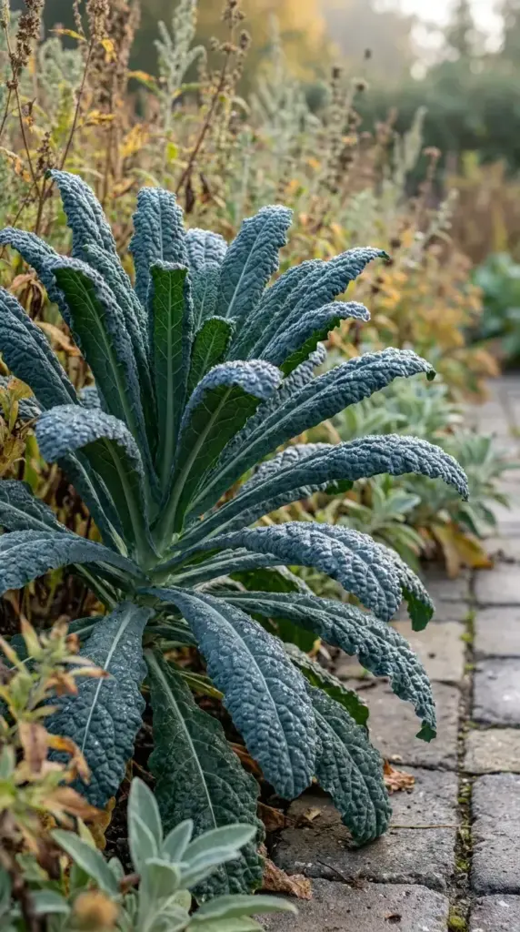 A large Lacinato kale plant with dark, highly textured green leaves covered in morning dew growing next to a stone garden path.