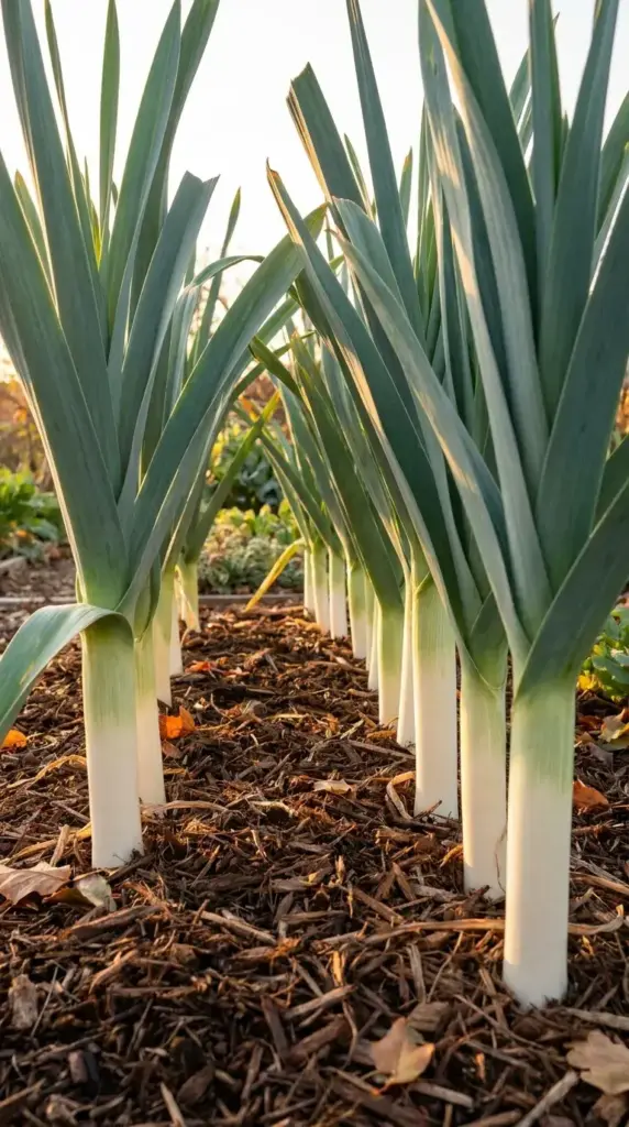 A neat row of mature leeks with thick white bases and tall blue-green leaves growing in a mulched autumn garden.