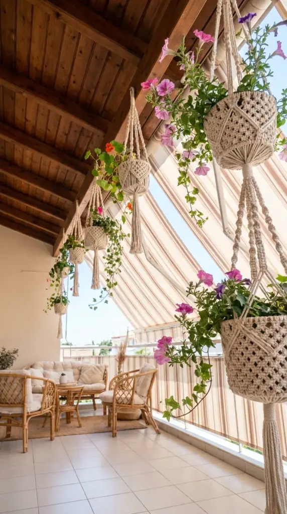 Macrame hanging baskets creating a floating floral canopy for small balcony gardens.
