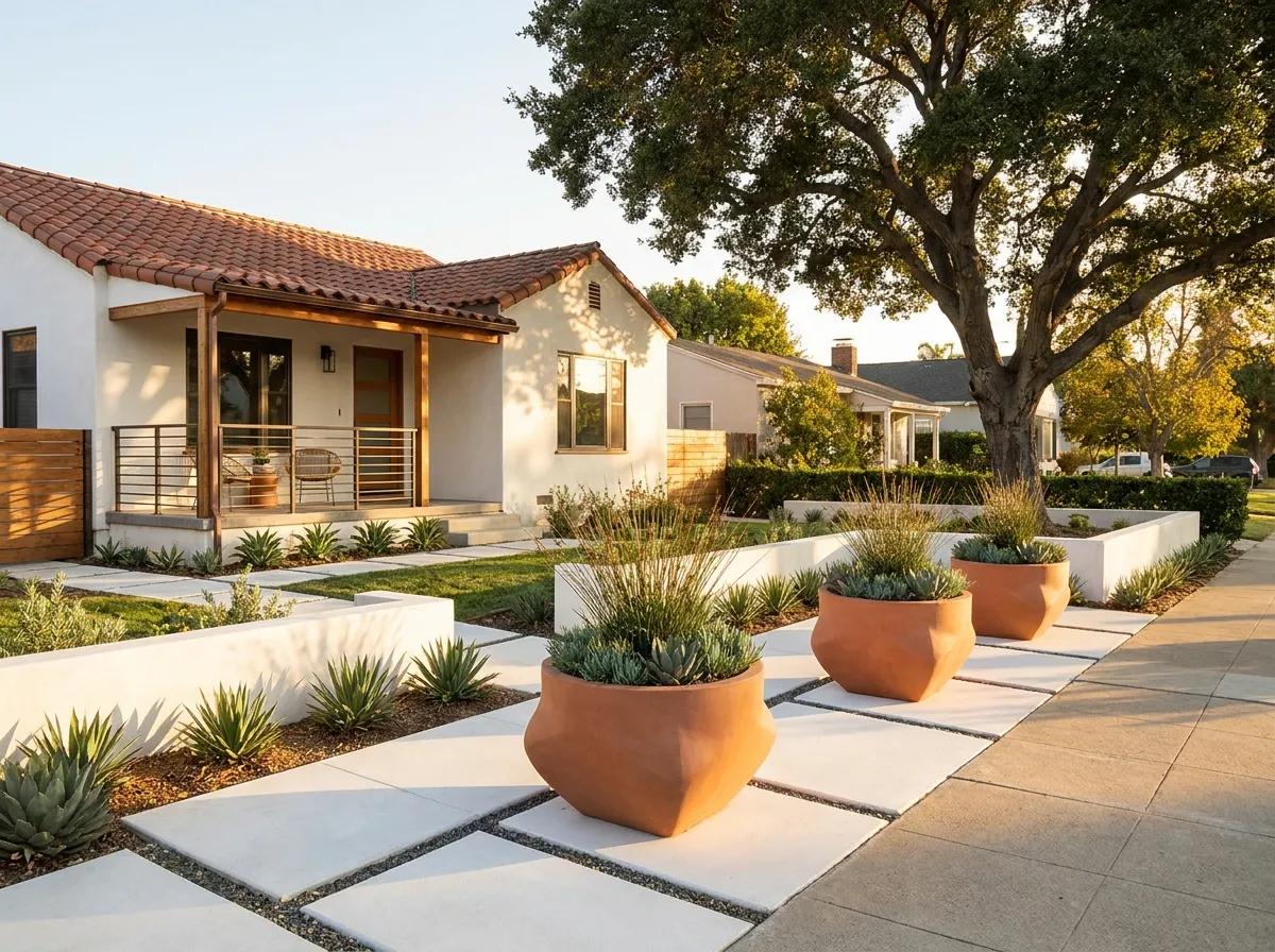 Beautiful small front garden ideas featuring modern minimalist landscaping and high curb appeal.