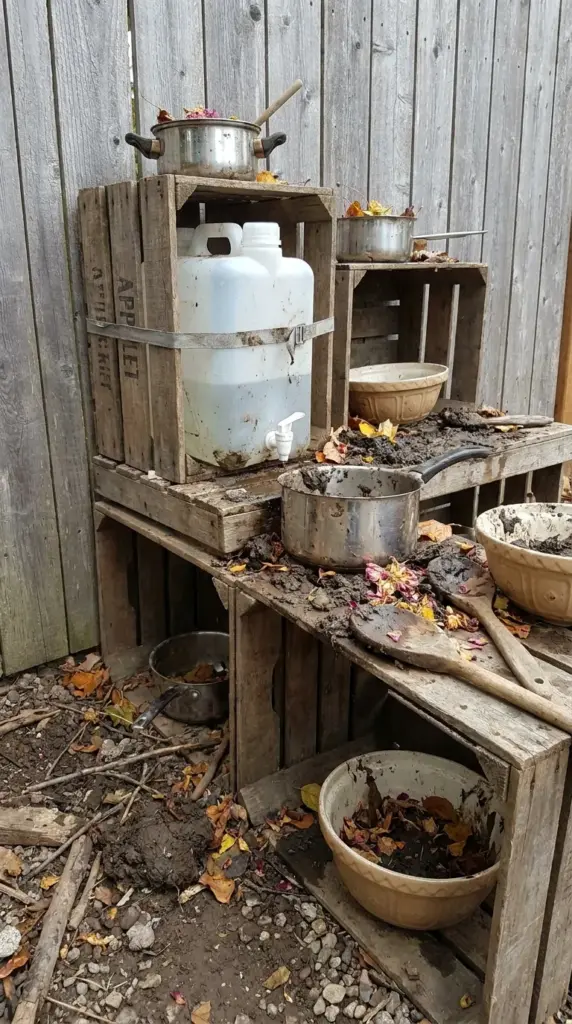 A messy, upcycled kids mud kitchen made from old wooden crates and metal pots in a backyard.