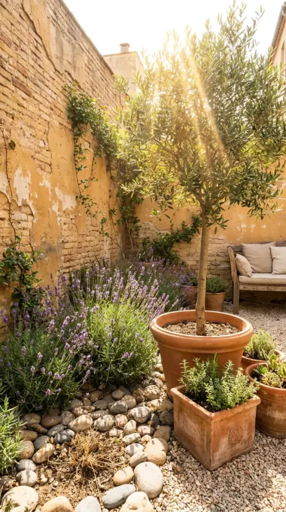10 Small Garden Ideas for Chalky Soil That Thrive Because of Chalk—Not Despite It 3 Small Mediterranean courtyard garden featuring a dwarf olive tree, lavender, and large terracotta pots in a sun baked urban space.