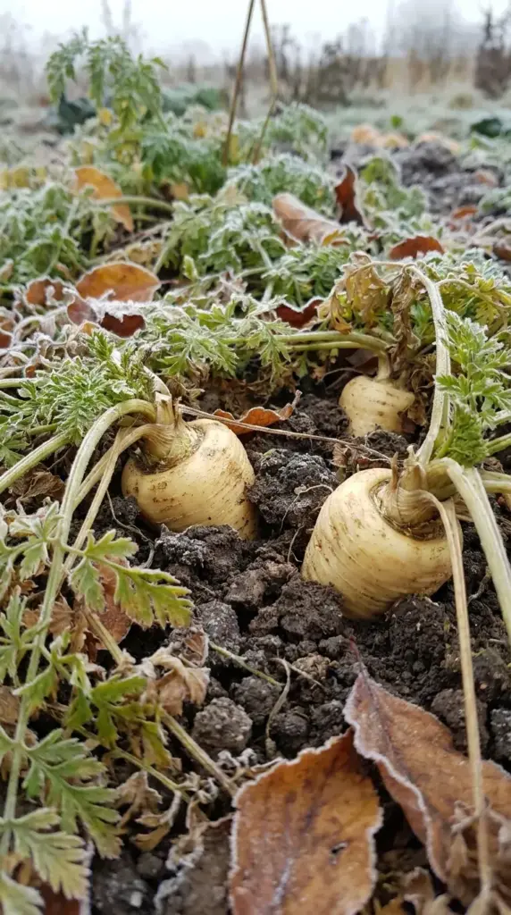 Cream-colored parsnips pushing up through dark garden soil surrounded by frost-kissed feathery foliage and fallen autumn leaves.