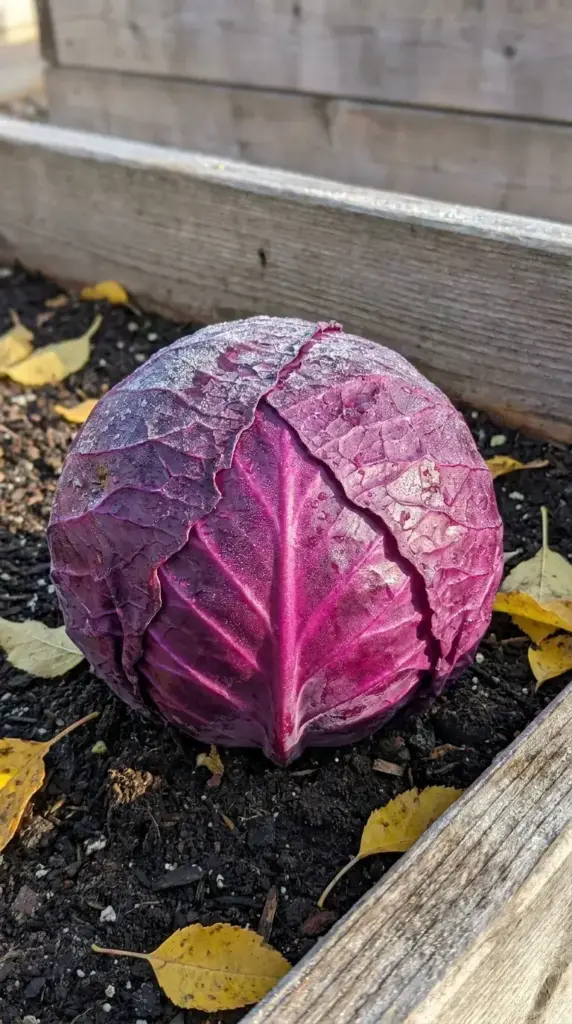 A tightly packed head of deep purple winter cabbage covered in morning dew sitting in a wooden raised garden bed.
